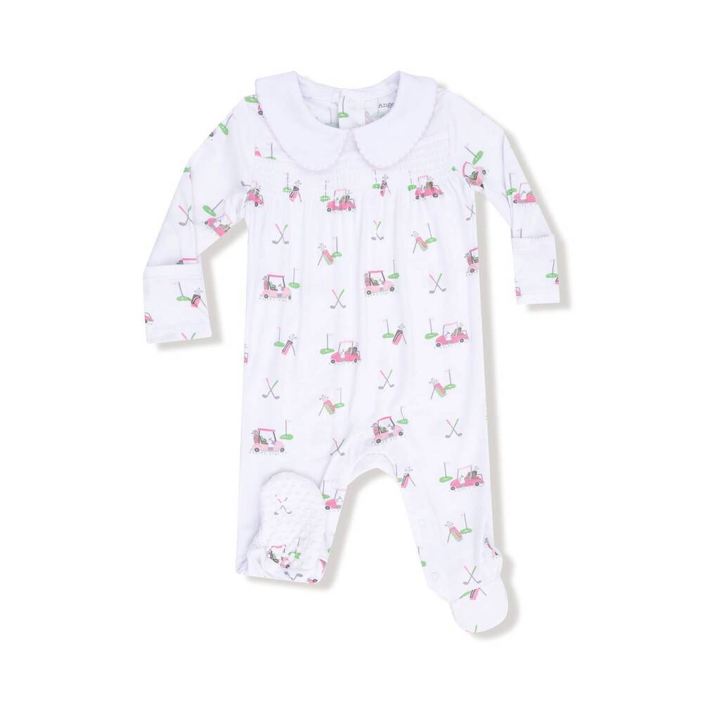 NEW ANGEL DEAR girls smocked peter pan snap footie in baby golf carts pink